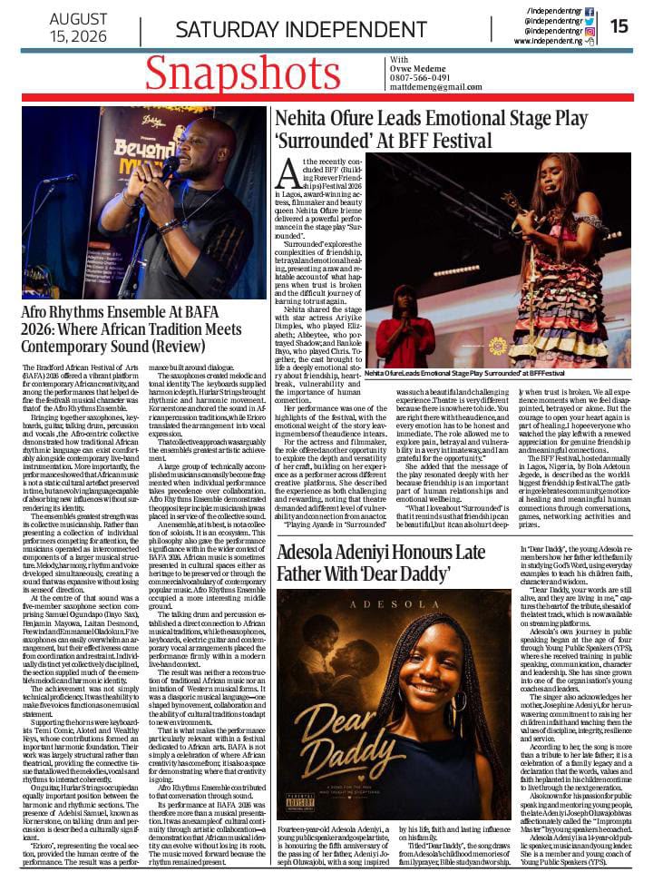 Adesola Adeniyi featured in Saturday Independent newspaper on August 15 2026